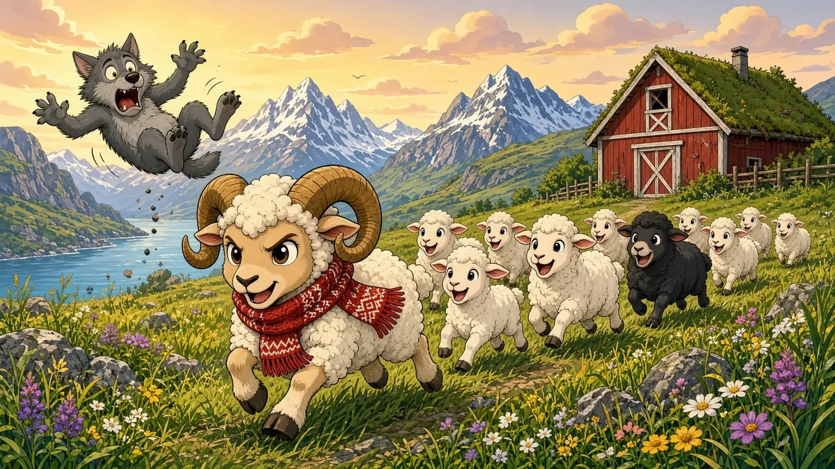 Bodie the ram on a fjord meadow with his sheep, a wolf peeking out of the woods